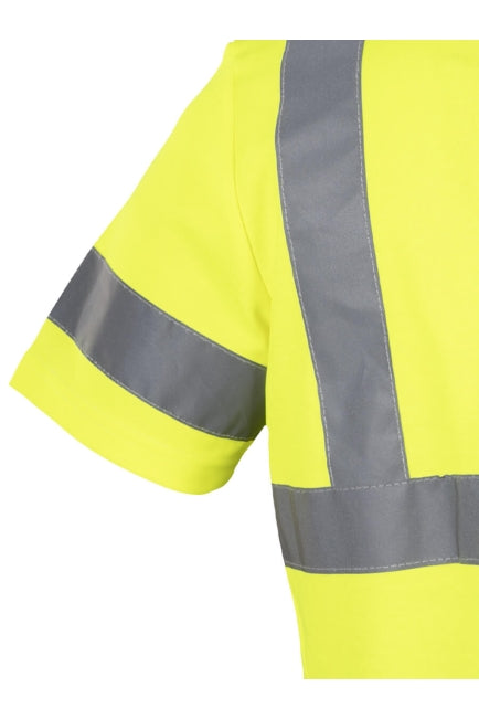 Polo-Shirt Ärmel mit Reflexband und gelbem Körper, dunkelblaue Kontrastkante