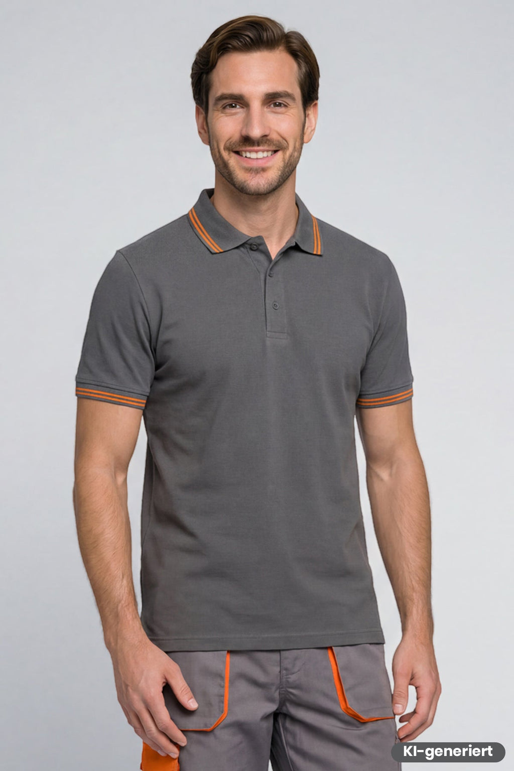 Kontrast-Poloshirt in dunkelgrau mit orangefarbenen Streifen an Kragen und Ärmelbündchen