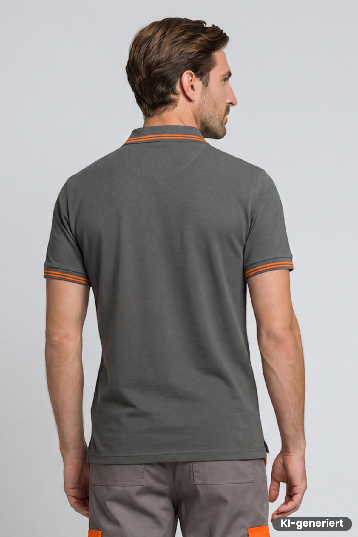 Rückansicht: dunkelgraues Kontrast-Poloshirt mit orangefarbenen Streifen an Ärmelbündchen