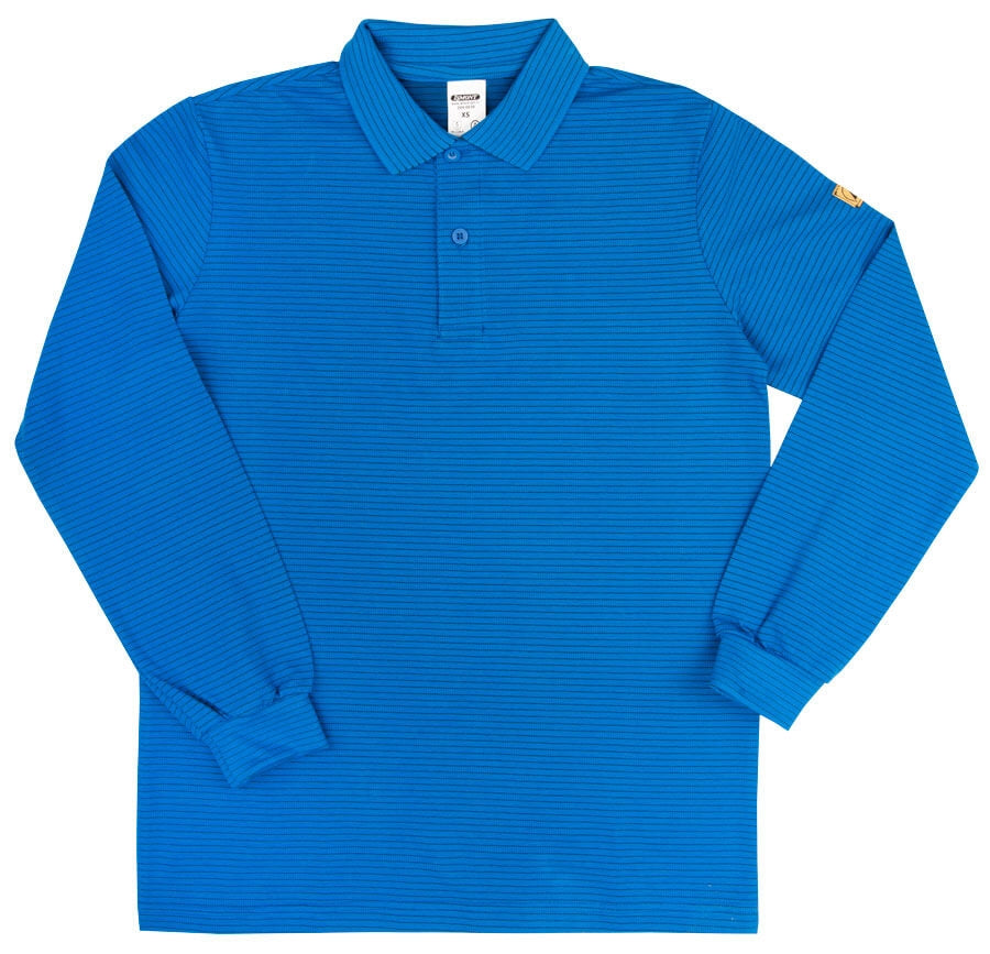 Blaues ESD-Langarm-Poloshirt mit gestreifter Struktur, Knopfleiste und Polokragen
