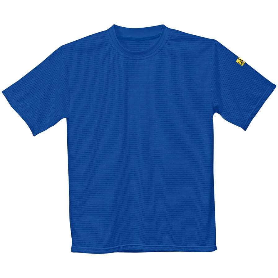 Kornblaues ESD-T-Shirt mit Rundhalsausschnitt und kurzen Ärmeln, feine Rippstruktur.
