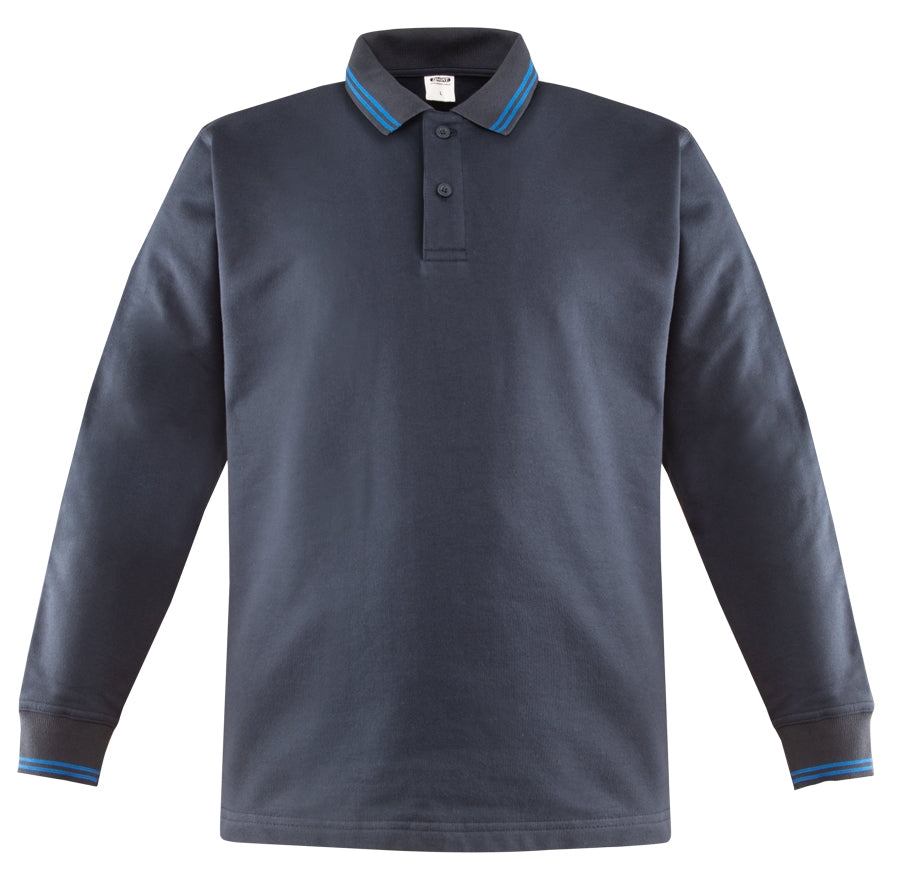 Marineblaues Polokragen-Sweatshirt mit Kontraststreifen an Kragen und Ärmelbündchen