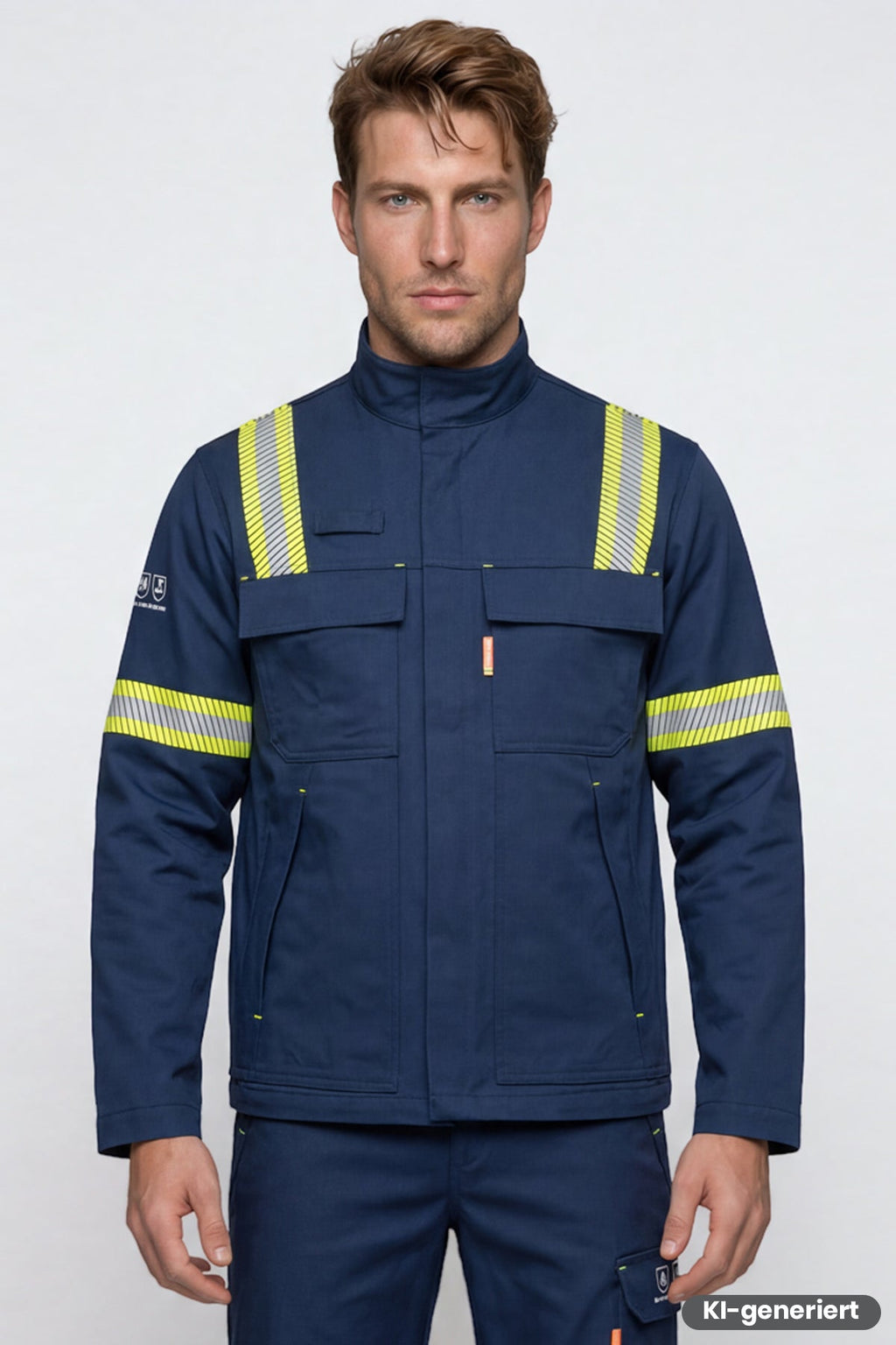Dunkelblaue Schweißerjacke mit gelb reflektierenden Streifen, Mehrtaschen und Stehkragen