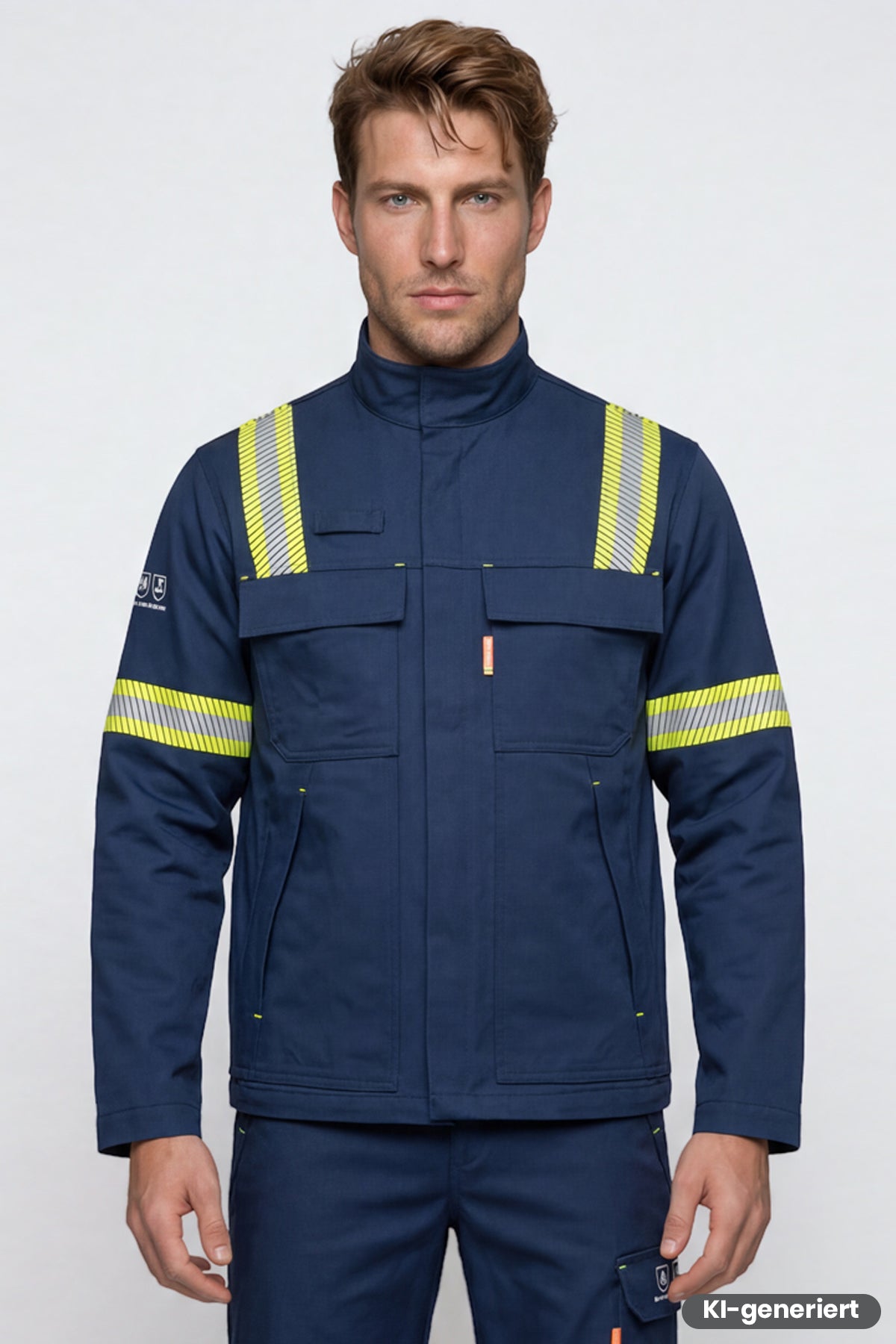 Dunkelblaue Schweißerjacke mit gelb reflektierenden Streifen, Mehrtaschen und Stehkragen