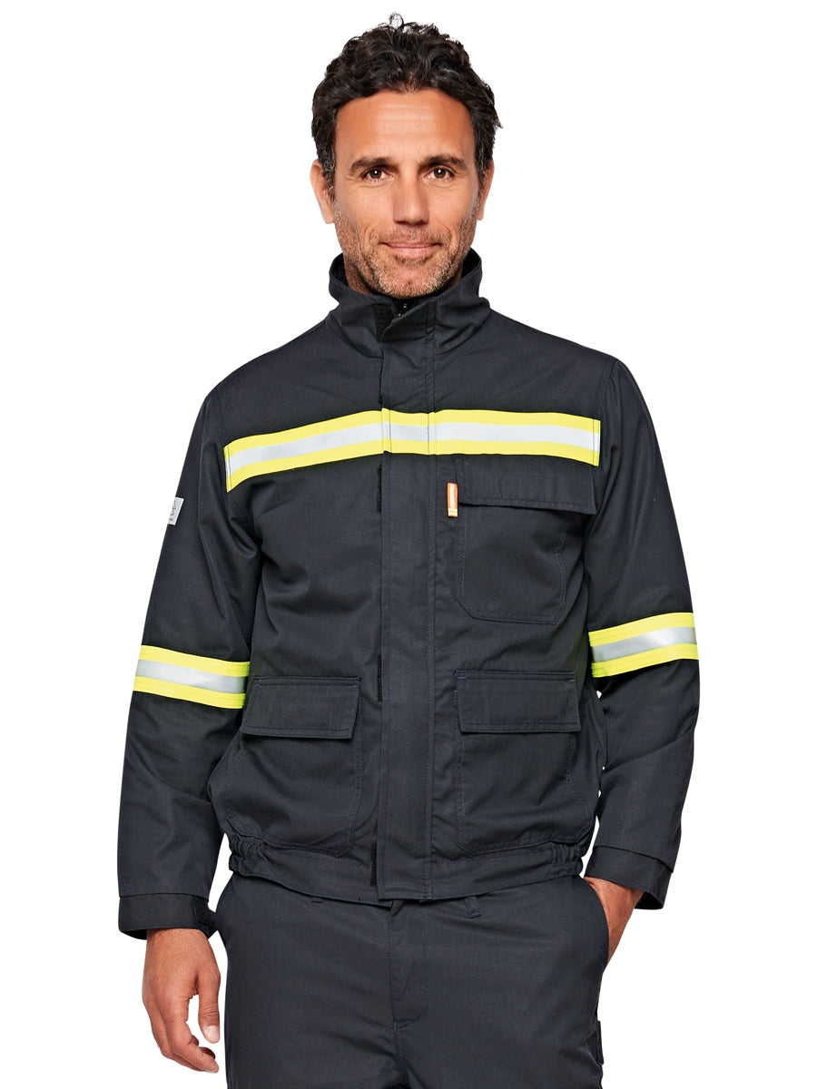 Flammfeste Arc Jacke von Ismontpro, dunkelblau, reflektierende Gelbstreifen, Stehkragen