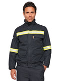Flammfeste Arc Jacke von Ismontpro, dunkelblau, reflektierende Gelbstreifen, Stehkragen
