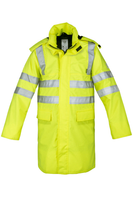 Flammhemmende Regenjacke mit Kapuze, neon gelb, reflektierenden Streifen vorn