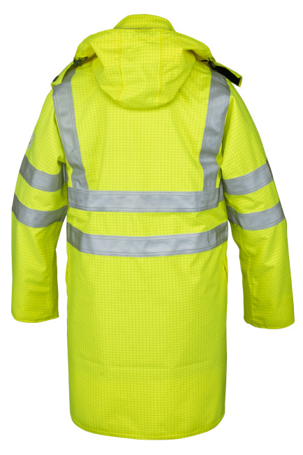 Flammhemmende Regenjacke mit Kapuze, neon gelb, reflektierende Streifen hinten