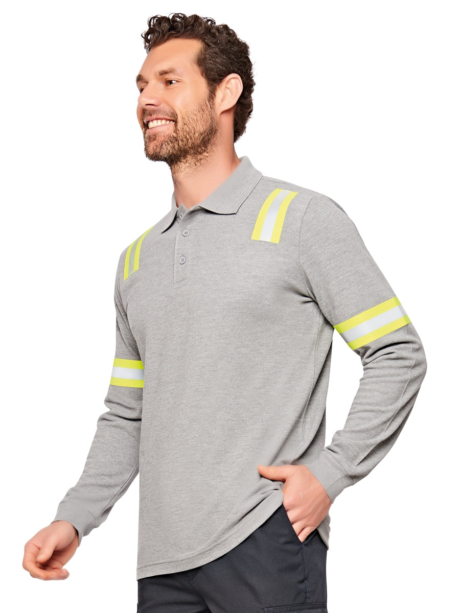 Graues langärmeliges Poloshirt mit Kragen und Reflexstreifen am Ärmel