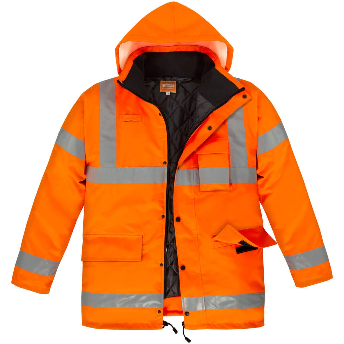 Warnschutz-Parka mit Kapuze, orange, reflektierende Streifen und Frontreißverschluss