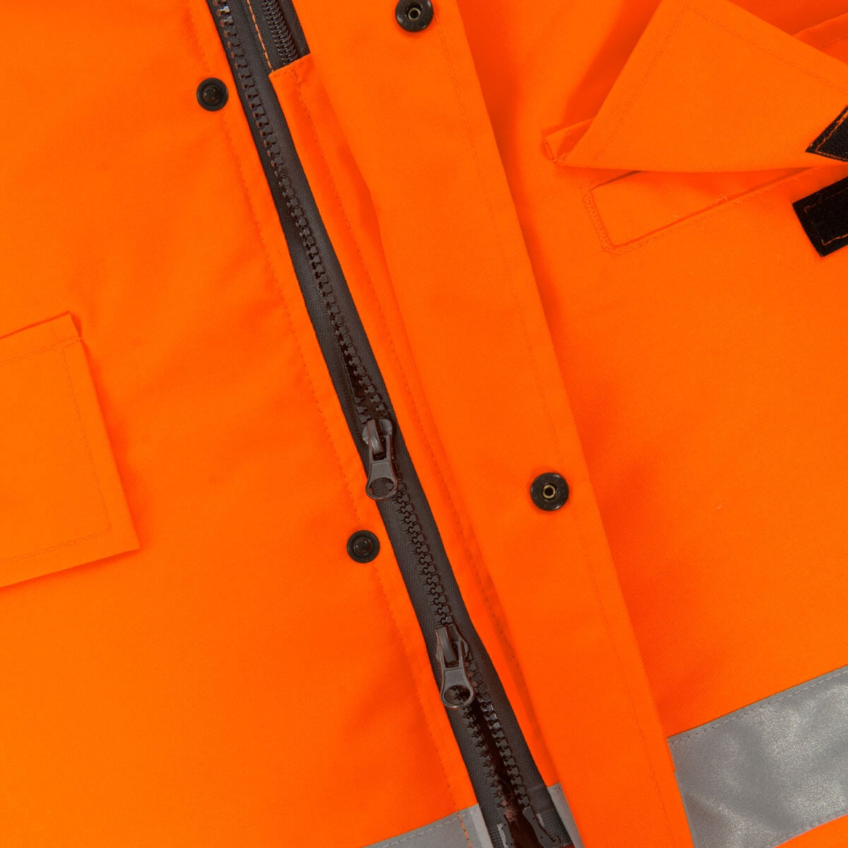 Warnschutz-Parka: orange Vorderseite mit Reißverschluss und Druckknöpfen, reflektierende Bänder