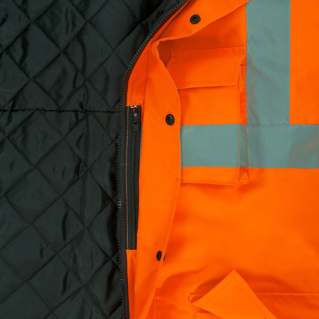 Warnschutz-Parka seitlich: orange Außenjacke mit schwarzer wattierter Innenseite