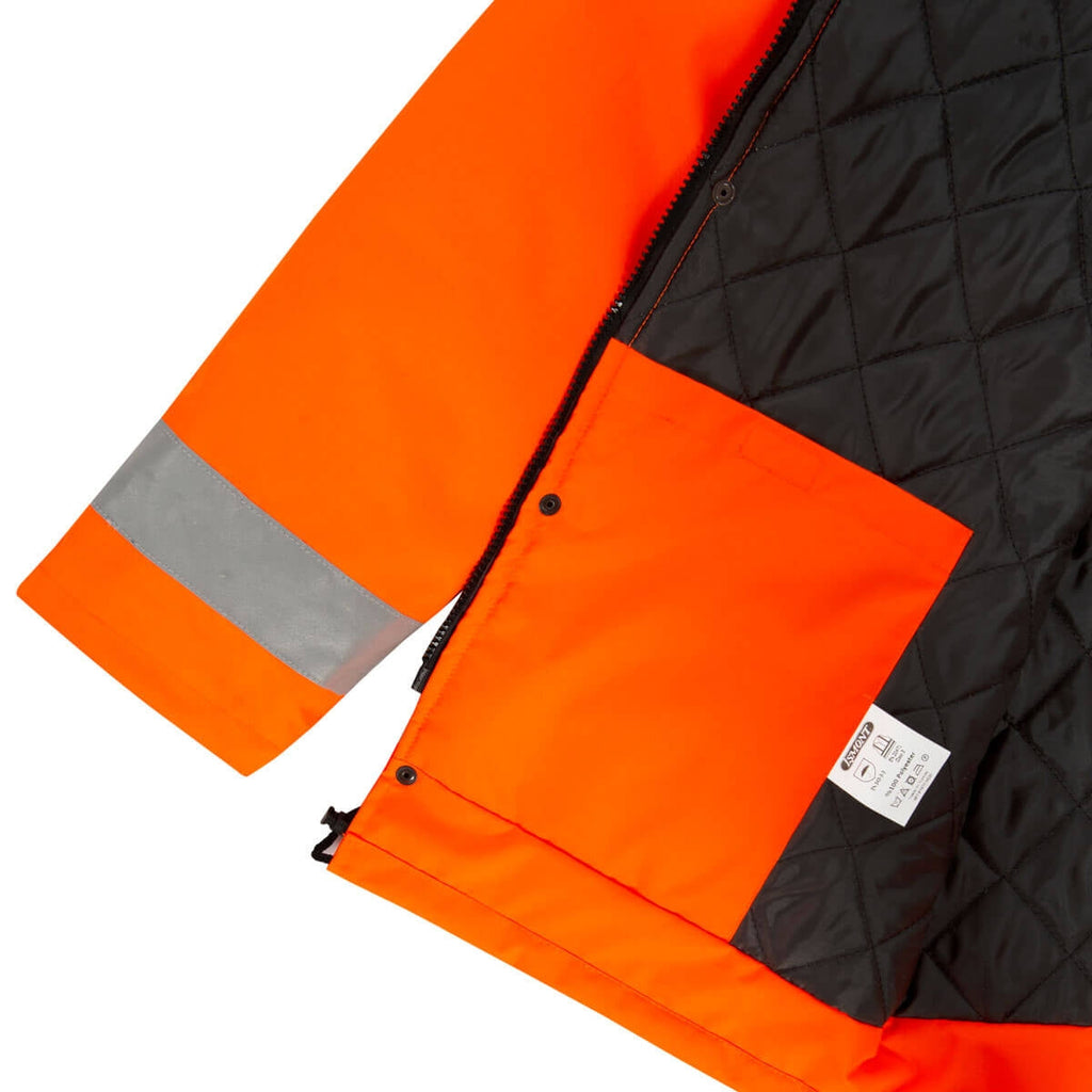 Warnschutz-Parka: orange Ärmel mit grauem reflektierendem Band und schwarzer Wattierung