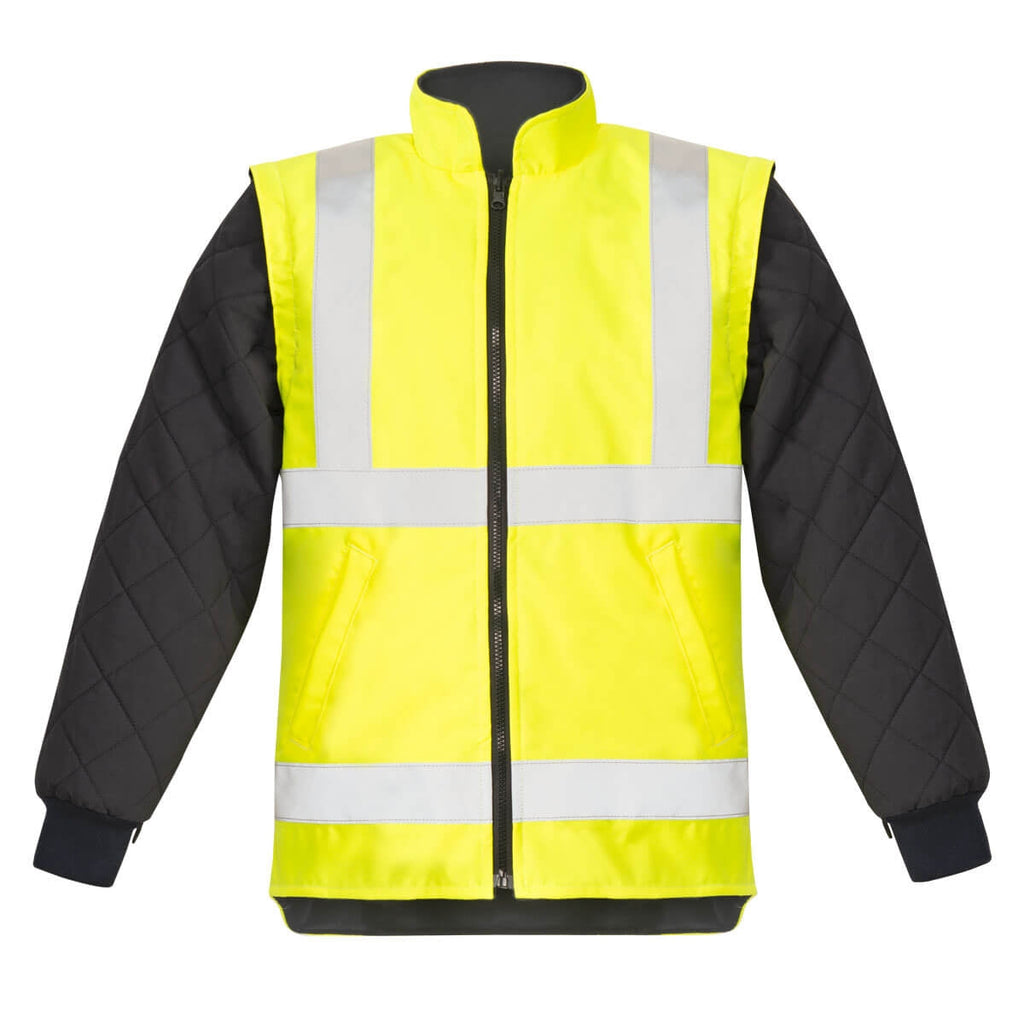 Warnschutz-Parka vorne, gelb mit reflektierenden Bändern, schwarzer Quiltärmel, Reißverschluss