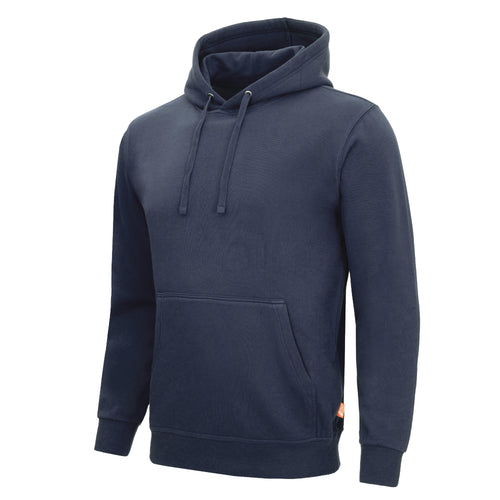 Dunkelblauer Hoodie mit Kapuze, Kängurutasche und Kordeln, lange Ärmel