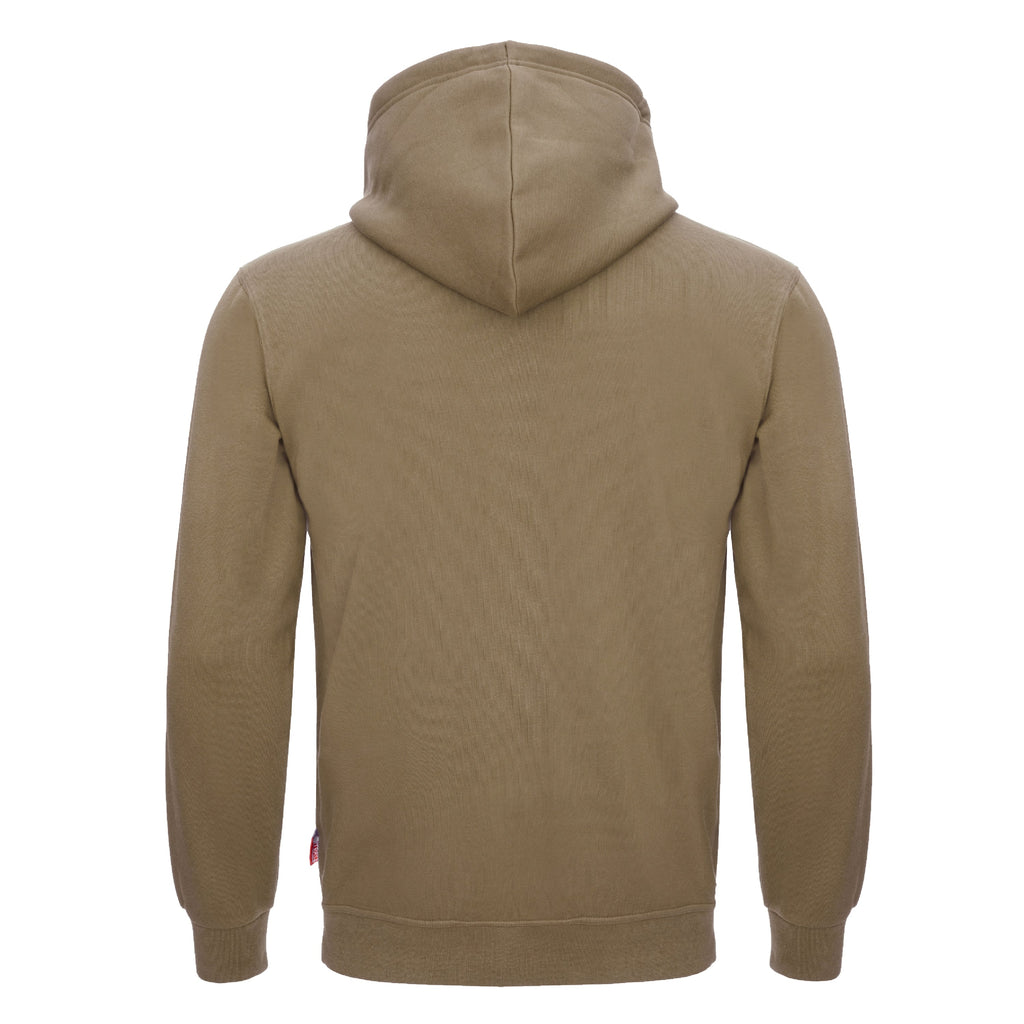Olivfarbener Kapuzenpullover, Rückansicht mit Kapuze und Saumbündchen