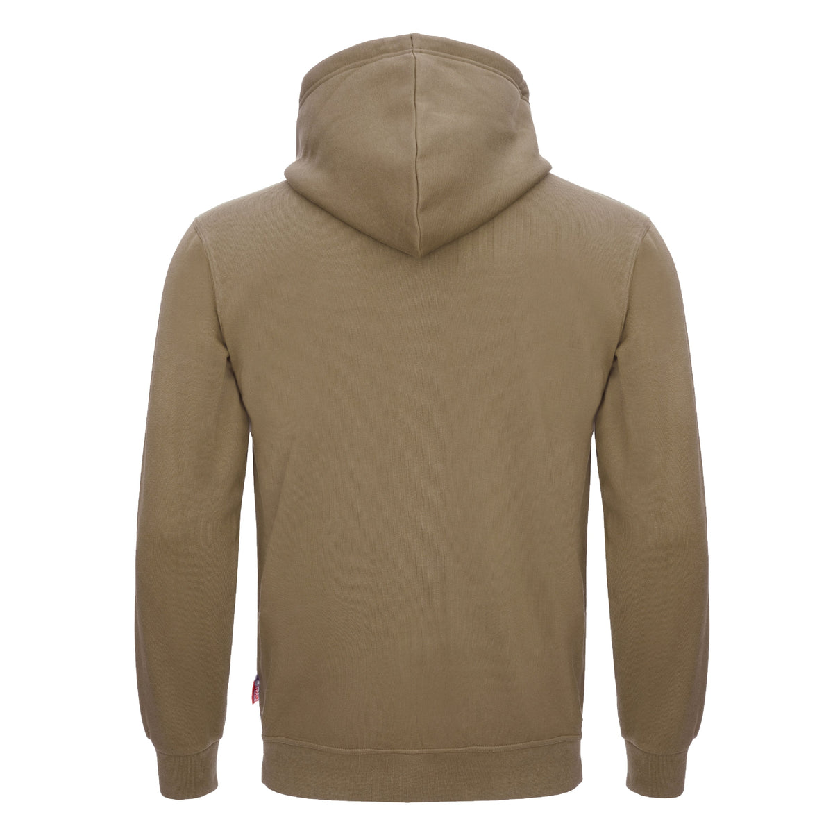 Olivfarbener Kapuzenpullover, Rückansicht mit Kapuze und Saumbündchen