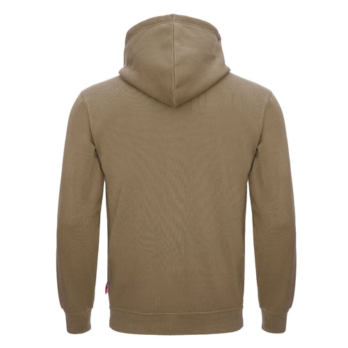 Olivfarbener Kapuzenpullover, Rückansicht mit Kapuze und Saumbündchen