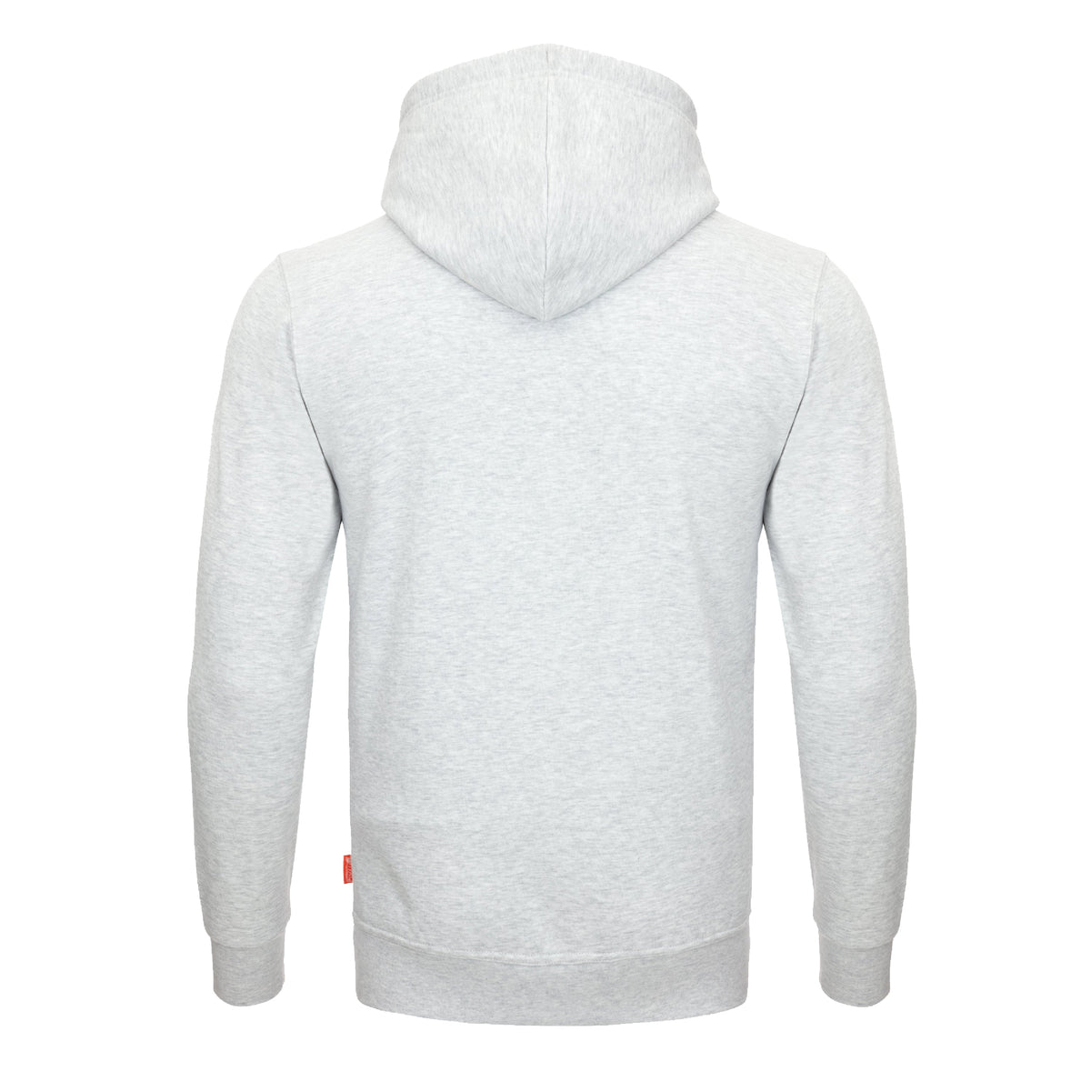 Herren-Hoodie aus hellem Grau, Kapuze mit Kordelzug, lange Ärmel (Rückansicht)