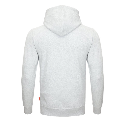 Herren-Hoodie aus hellem Grau, Kapuze mit Kordelzug, lange Ärmel (Rückansicht)