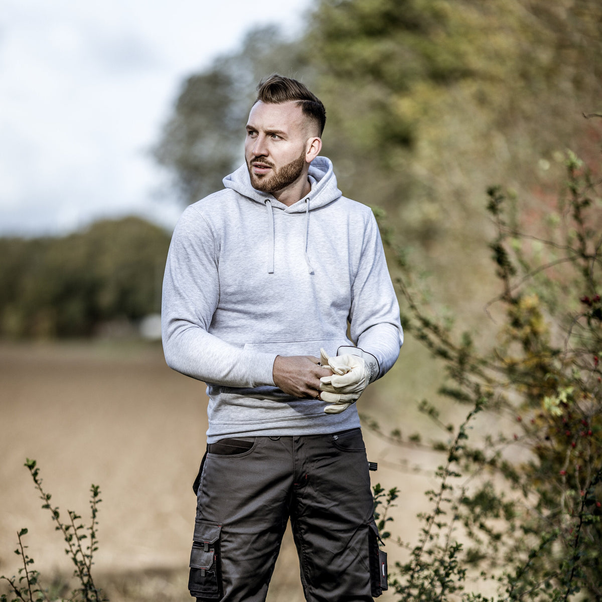 Heller Grau-Hoodie mit Kapuze, Kordelzug und Kängurutasche, lange Ärmel