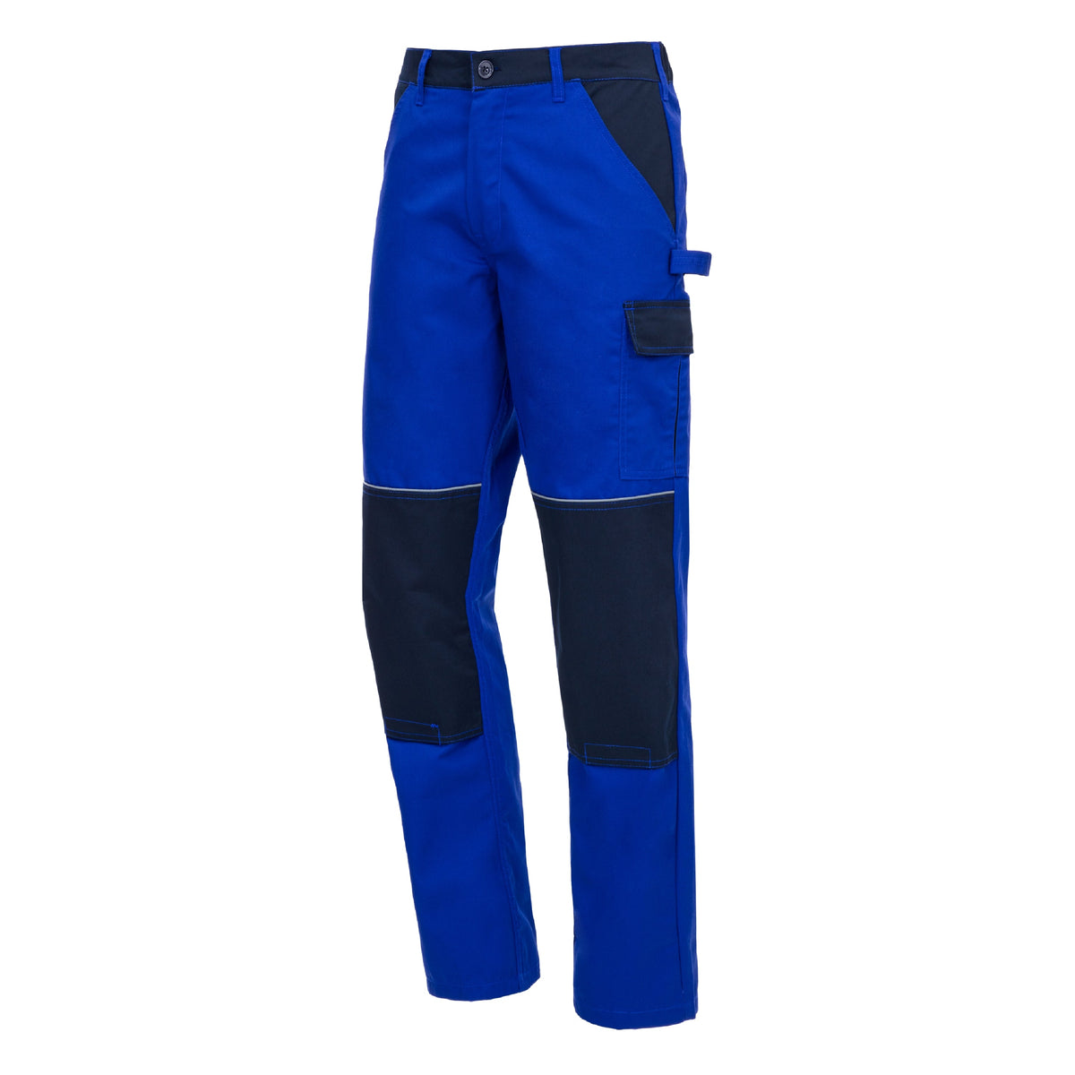 Blaue lange Arbeitshose mit dunkel abgesetzten Einsätzen und Cargotaschen