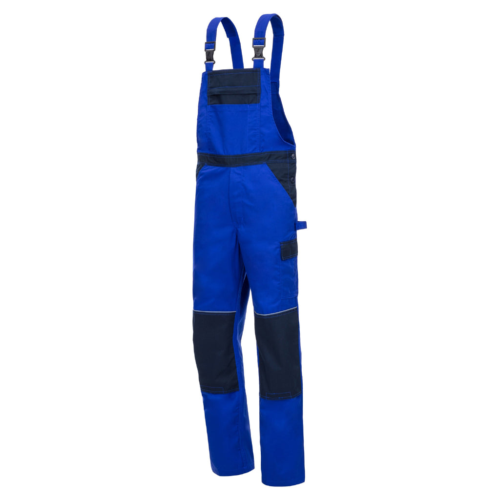 Blaue Latzhose mit breiten dunklen Reflexstreifen und zwei Fronttaschen