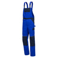 Blaue Latzhose mit breiten dunklen Reflexstreifen und zwei Fronttaschen