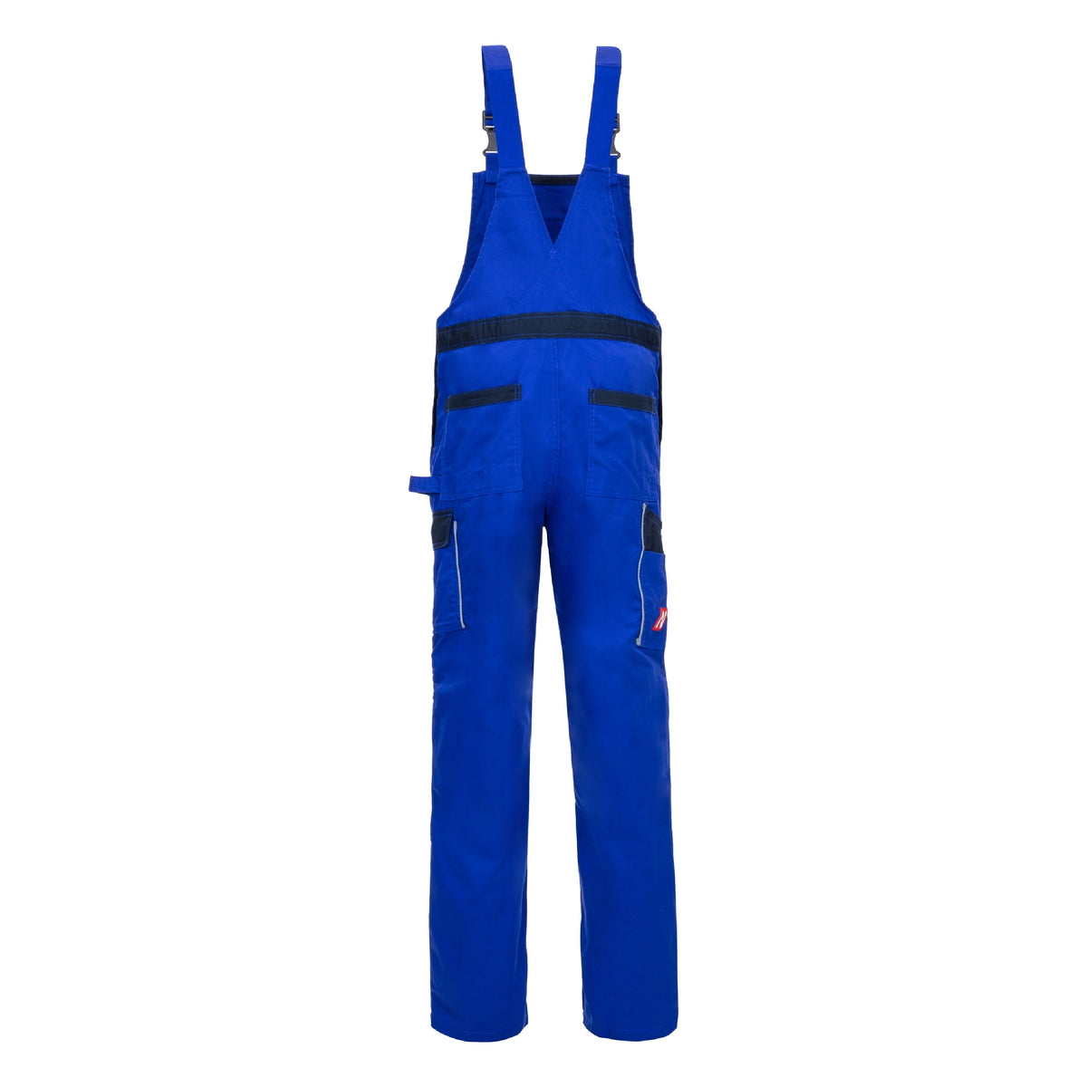 Blaue Latzhose mit Latz, seitlichen Taschen und dunklen Reflexstreifen an den Beinen