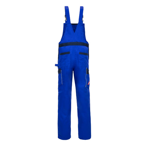 Blaue Latzhose mit Latz, seitlichen Taschen und dunklen Reflexstreifen an den Beinen