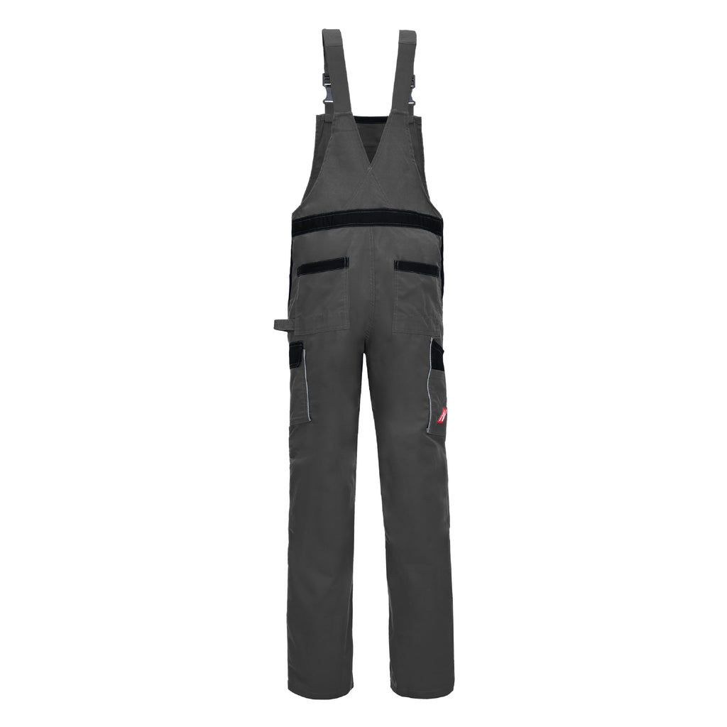Grau-schwarze Latzhose mit Seitentaschen und Brustlatz, gerade geschnitten