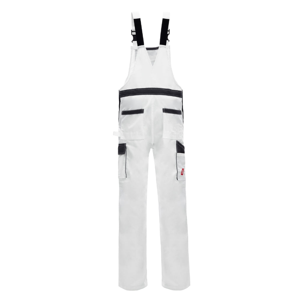Weiße Latzhose mit breitem Brustlatz, schwarzen Taschen und seitlichen Beinschlingen