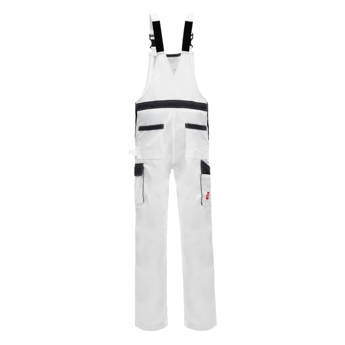 Weiße Latzhose mit breitem Brustlatz, schwarzen Taschen und seitlichen Beinschlingen
