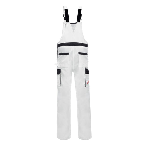 Weiße Latzhose mit breitem Brustlatz, schwarzen Taschen und seitlichen Beinschlingen