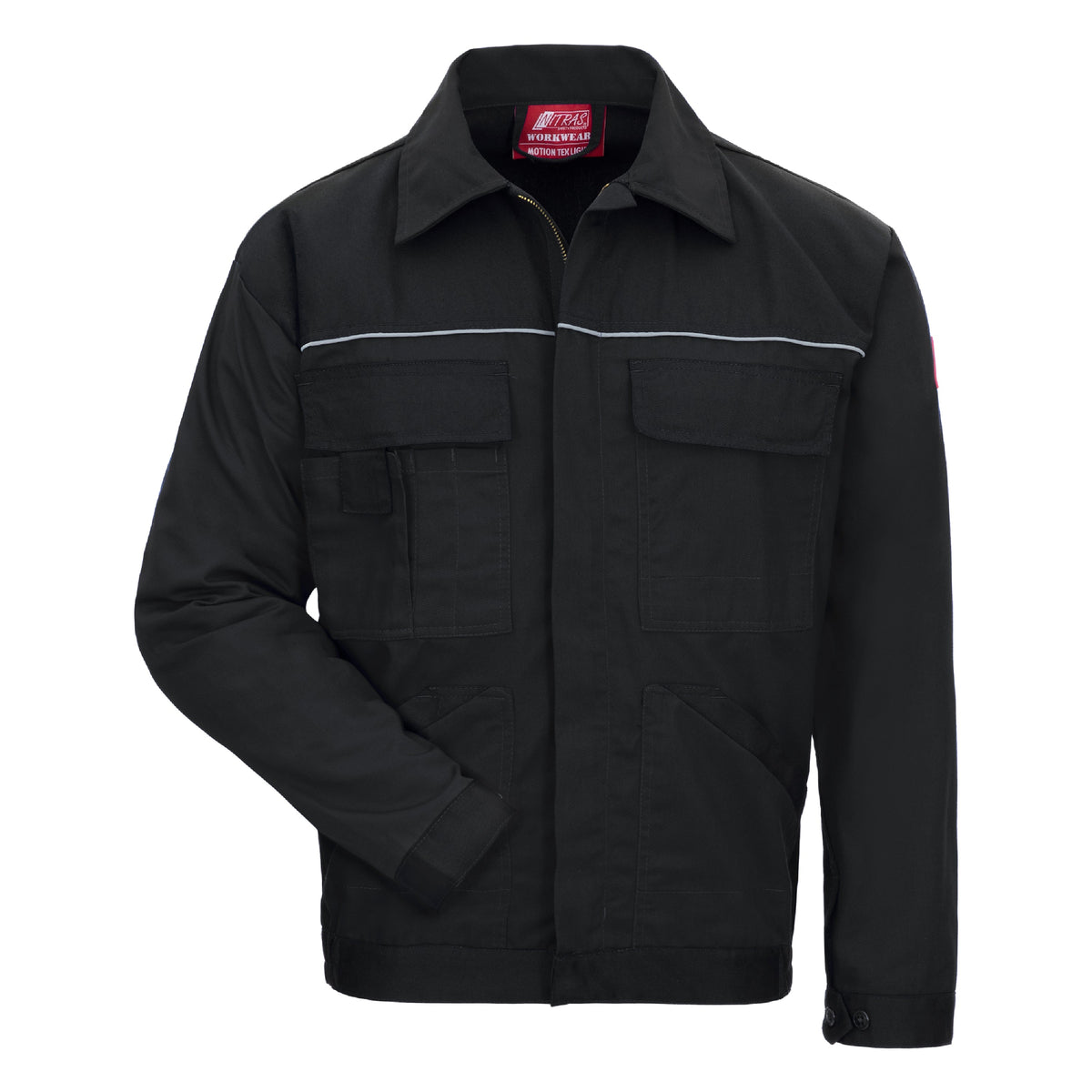 Schwarze Arbeitsjacke mit Frontreißverschluss, Brusttaschen und Ärmelbündchen