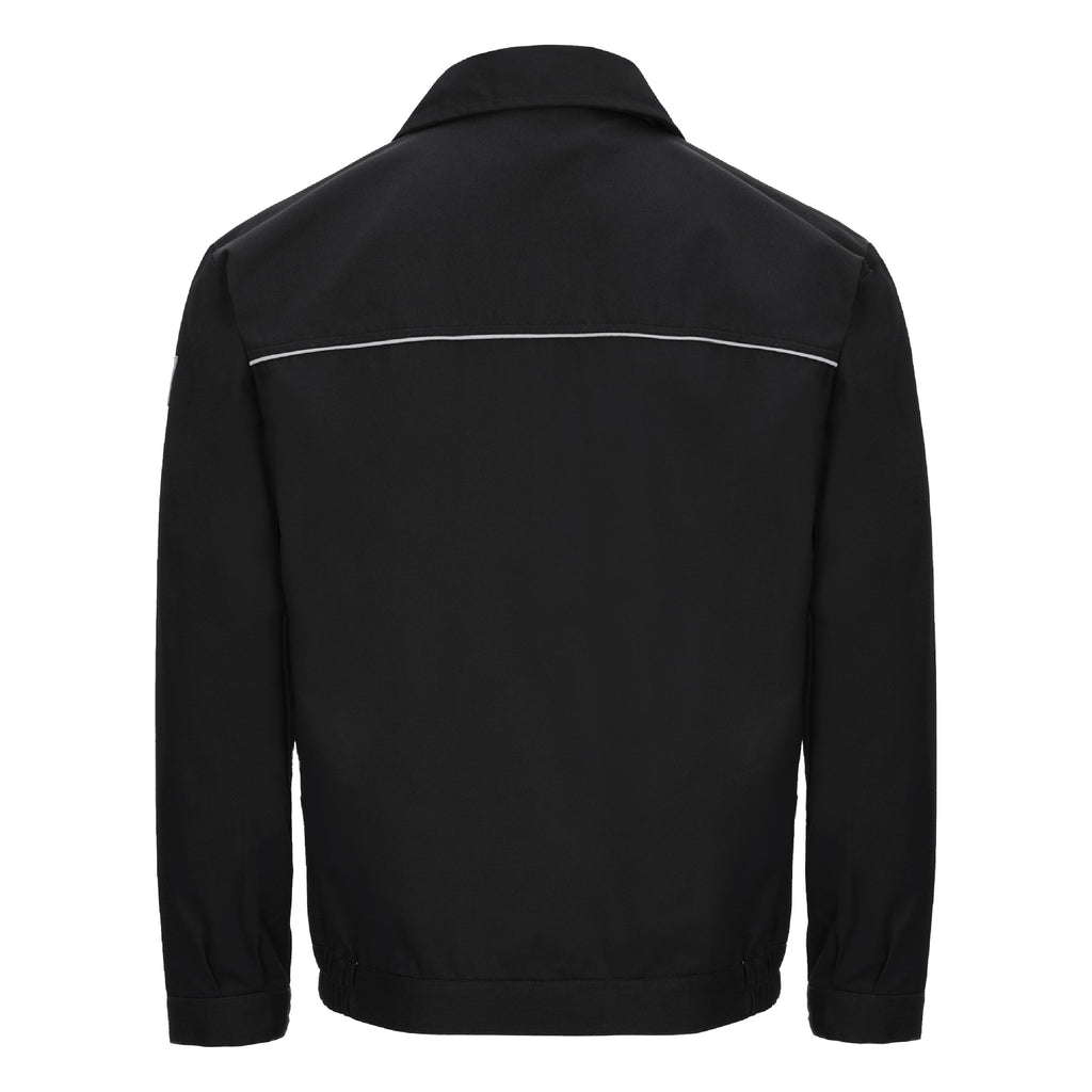 Schwarze Arbeitsjacke Rückansicht mit reflektierendem Mittelstreifen