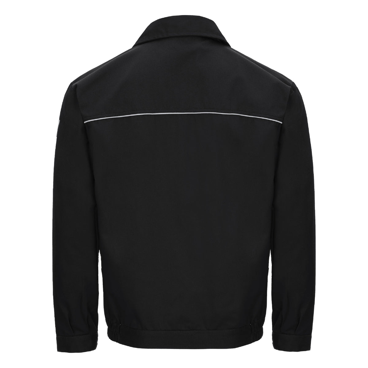 Schwarze Arbeitsjacke Rückansicht mit reflektierendem Mittelstreifen
