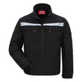Schwarze Arbeitsjacke mit Kapuze, durchgehendem Reißverschluss und Brusttaschen