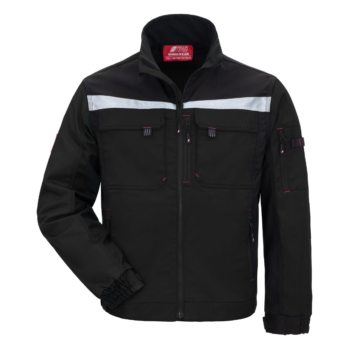 Schwarze Arbeitsjacke mit Kapuze, durchgehendem Reißverschluss und Brusttaschen