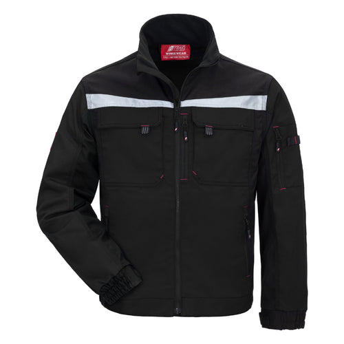 Schwarze Arbeitsjacke mit Kapuze, durchgehendem Reißverschluss und Brusttaschen
