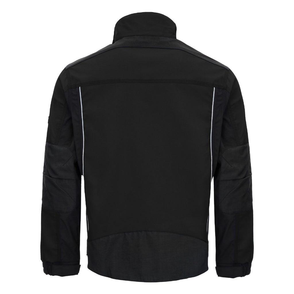 Schwarze Arbeitsjacke mit Kapuze, Rückenansicht, Reißverschluss und Ärmelbündchen