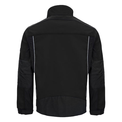 Schwarze Arbeitsjacke mit Kapuze, Rückenansicht, Reißverschluss und Ärmelbündchen