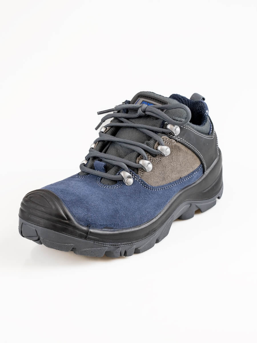 Sicherheits-Halbschuhe mit Schnürung, blauem Einsatz und grauen Partien, robuste Sohle