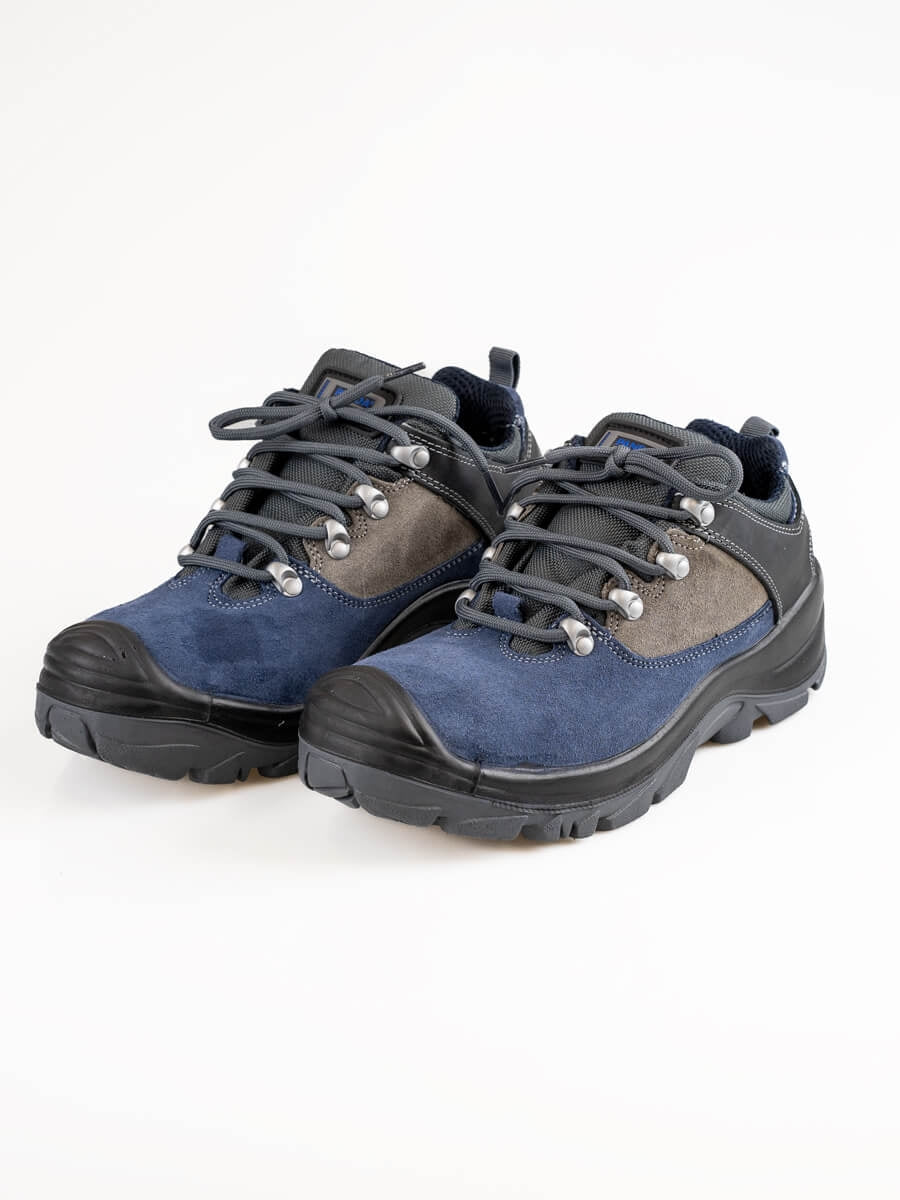 Paar Sicherheits-Halbschuhe mit Schnürsenkeln, blau-graues Obermaterial, Profilsohlen