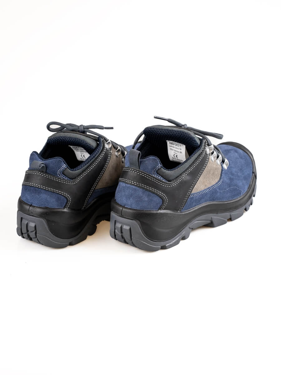 Sicherheits-Halbschuhe Rück-/Seitenansicht, blaues Material, graue Verstärkungen, Schnürung