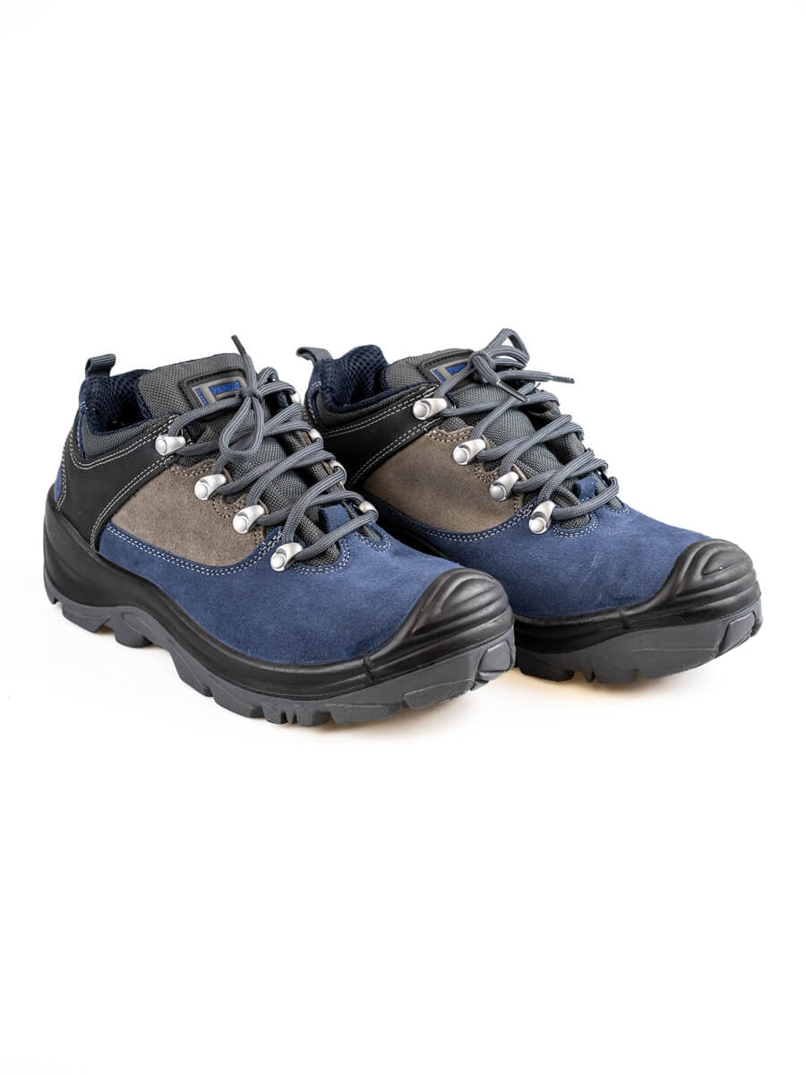 Sicherheits-Halbschuhe Vorderansicht, blau-graues Obermaterial, Schnürsenkel, Profilsohle