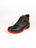 Schweißer-Sicherheitsstiefel, schwarzes Leder mit roten Kontrastnähten, rutschfester Sohle.