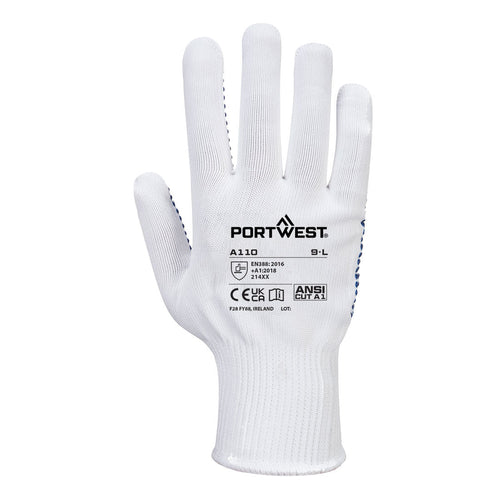 PVC-Noppen-Handschuh, weiß mit blauen Noppen an Handfläche, PORTWEST A110