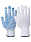 Handschuhpaar mit weißem Strick und blauen PVC-Noppen auf Handfläche und Fingerspitzen