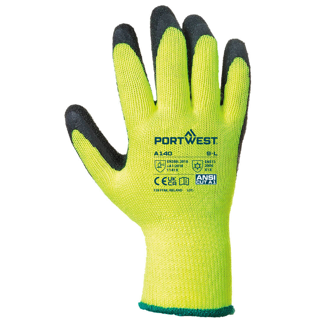 Thermo-Grip Handschuh, gelb fluoreszierend mit schwarzen Fingerkuppen und Bündchen